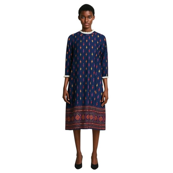 Vintage Amy Adams Vintage Printed Midi Dress Blue Size L 60’s Mid Century Modern - Picture 1 of 11